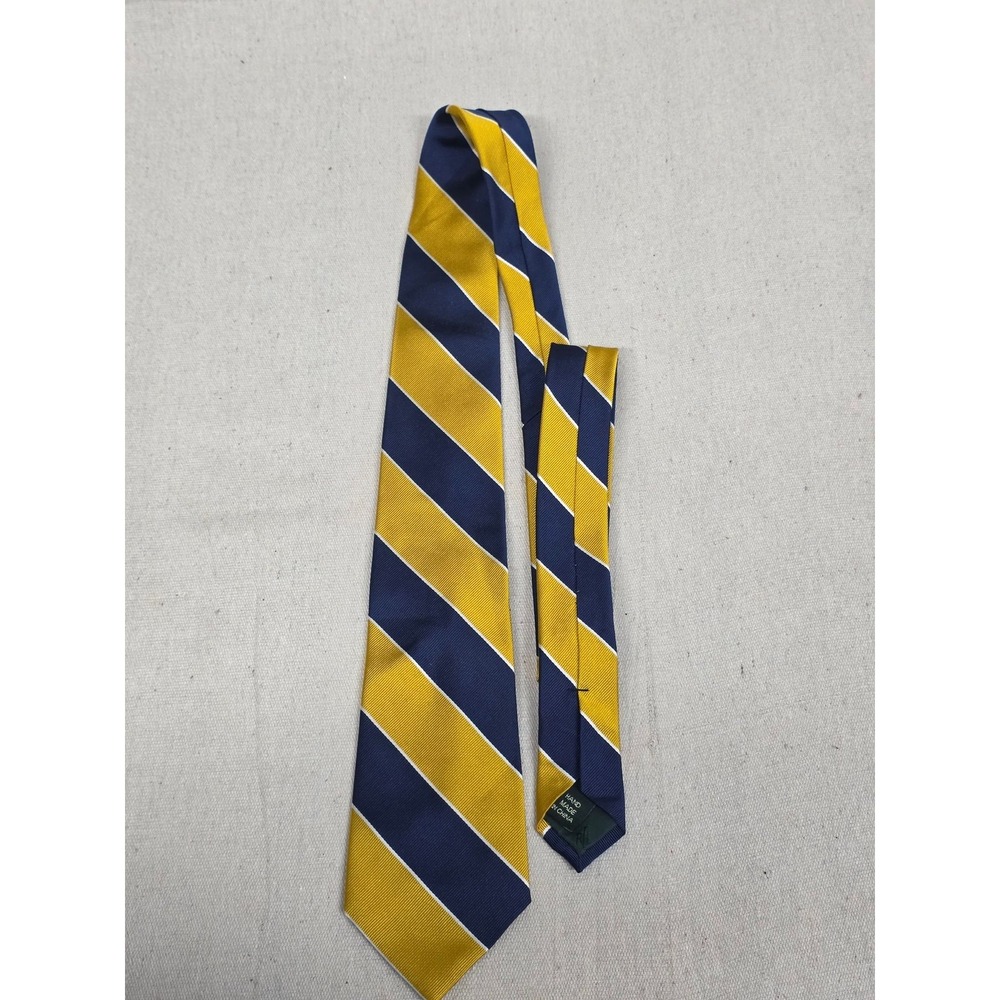 Lauren Ralph Lauren Mens Silk Repp Stripe Tie Navy Blue Gold Yellow Hand Made